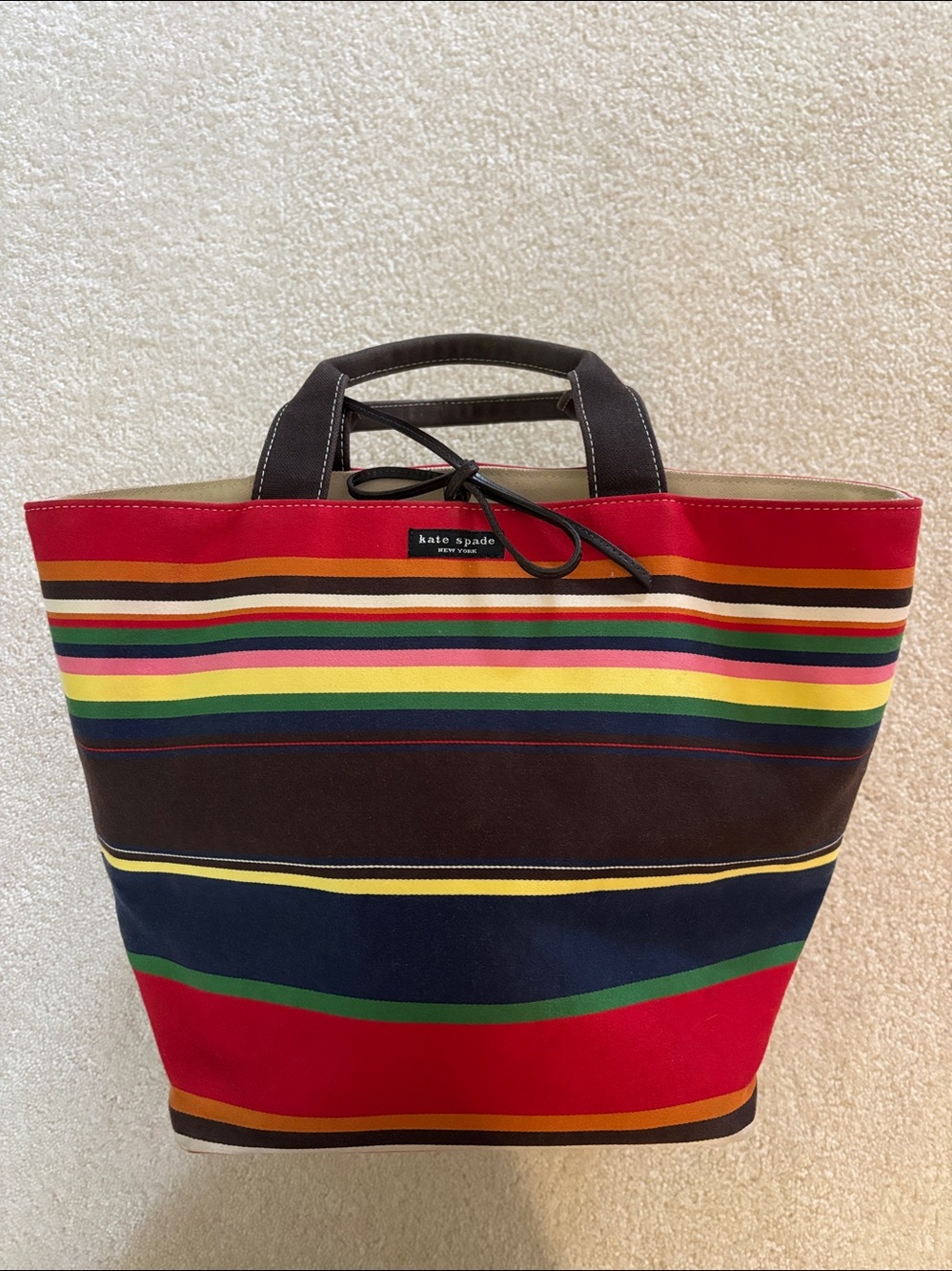Kate Spade Rare Vintage Canvas Multicolor Striped Tote with Brown Handles